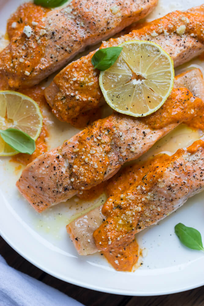 Oven Roasted Salmon with Red Pepper Sauce - Little Broken