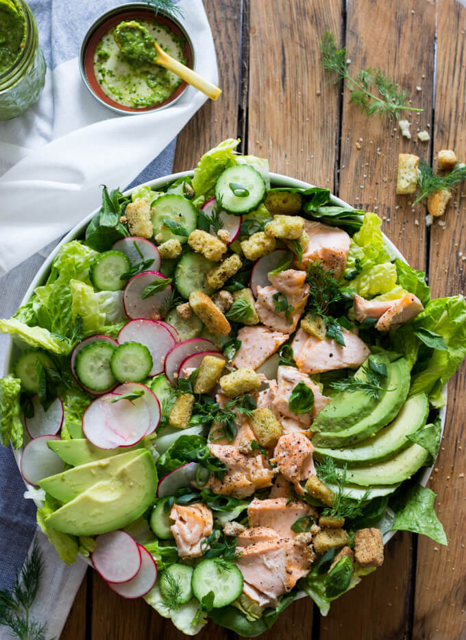 Salmon, Avocado, and Cucumber Salad with Cilantro Dressing - Little Broken