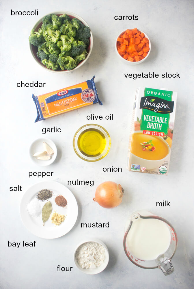 ingredients for broccoli cheddar soup.
