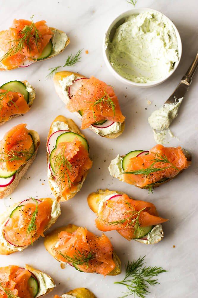 Smoked Salmon Crostini with Herb Cheese - Little Broken