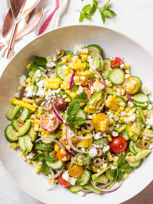 Greek Corn Salad with Avocado - Little Broken