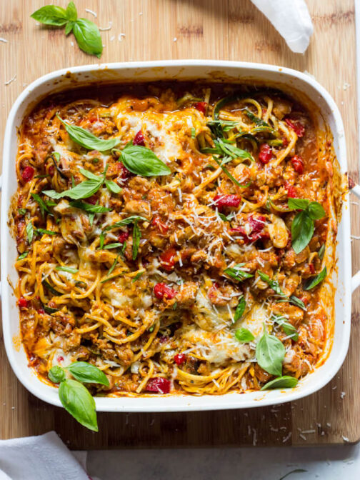 Low-Carb Italian Zucchini Spaghetti Bake - Little Broken