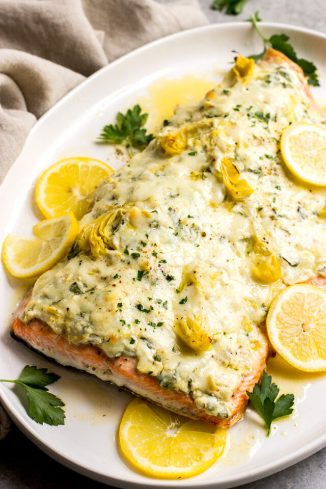 Artichoke and Spinach Roasted Salmon {30-Minute} - Little Broken