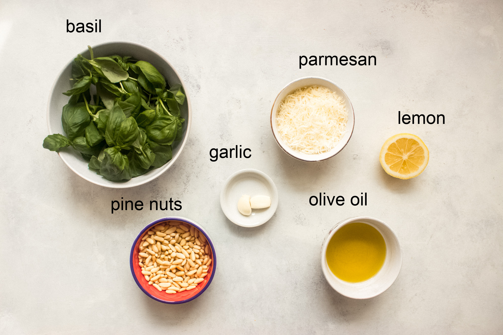 ingredients for basil pesto.