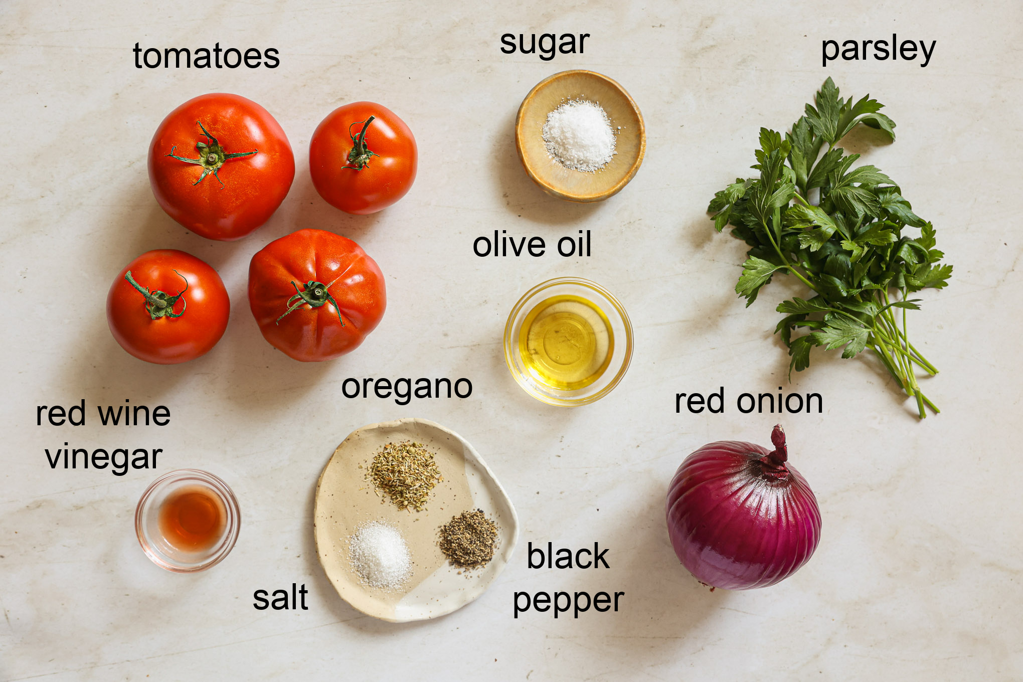 ingredients for tomato salad with onions and parsley.