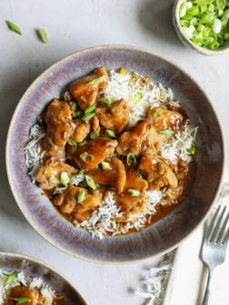 teriyaki chicken in a skillet over rice.