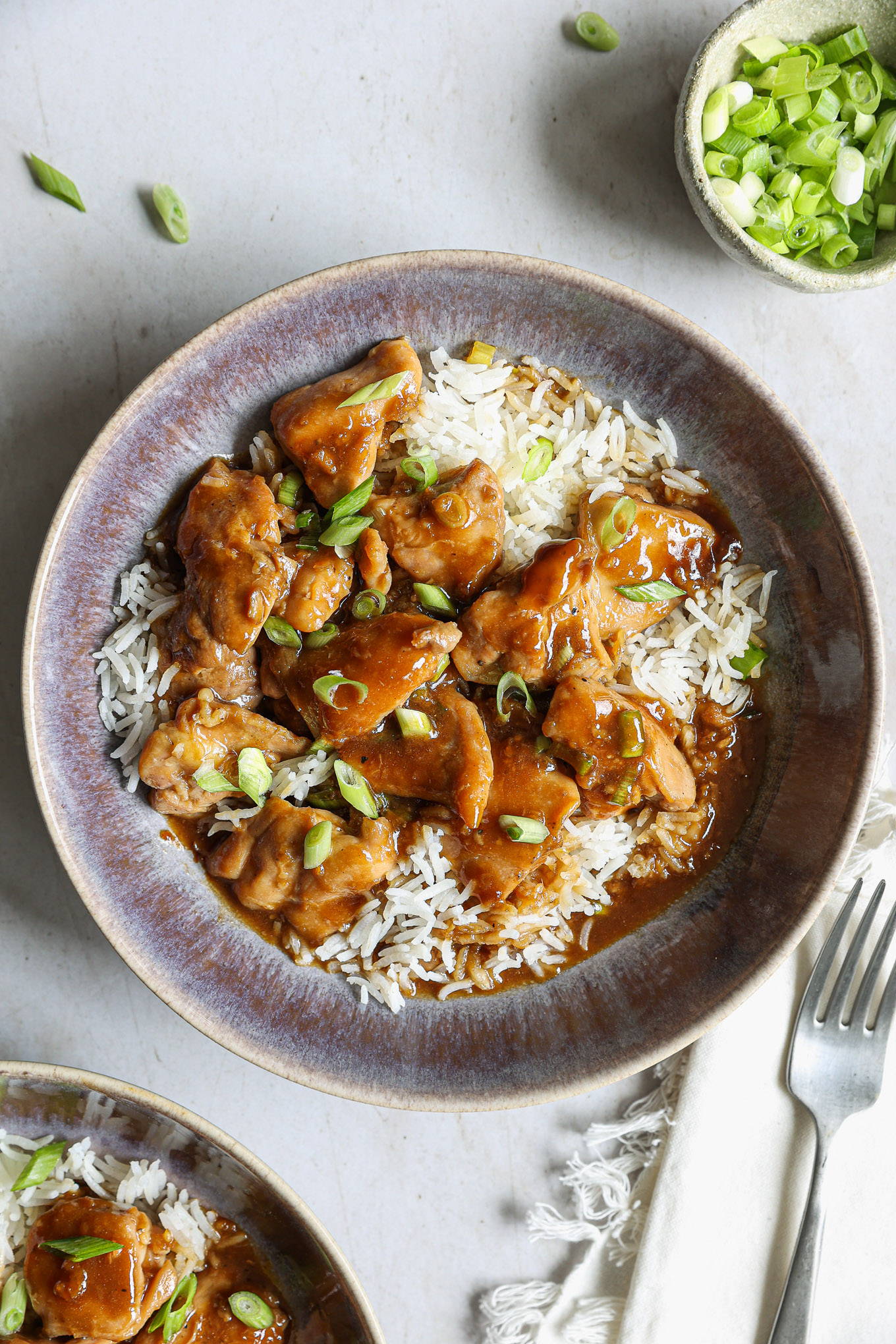 teriyaki chicken in a skillet over rice.