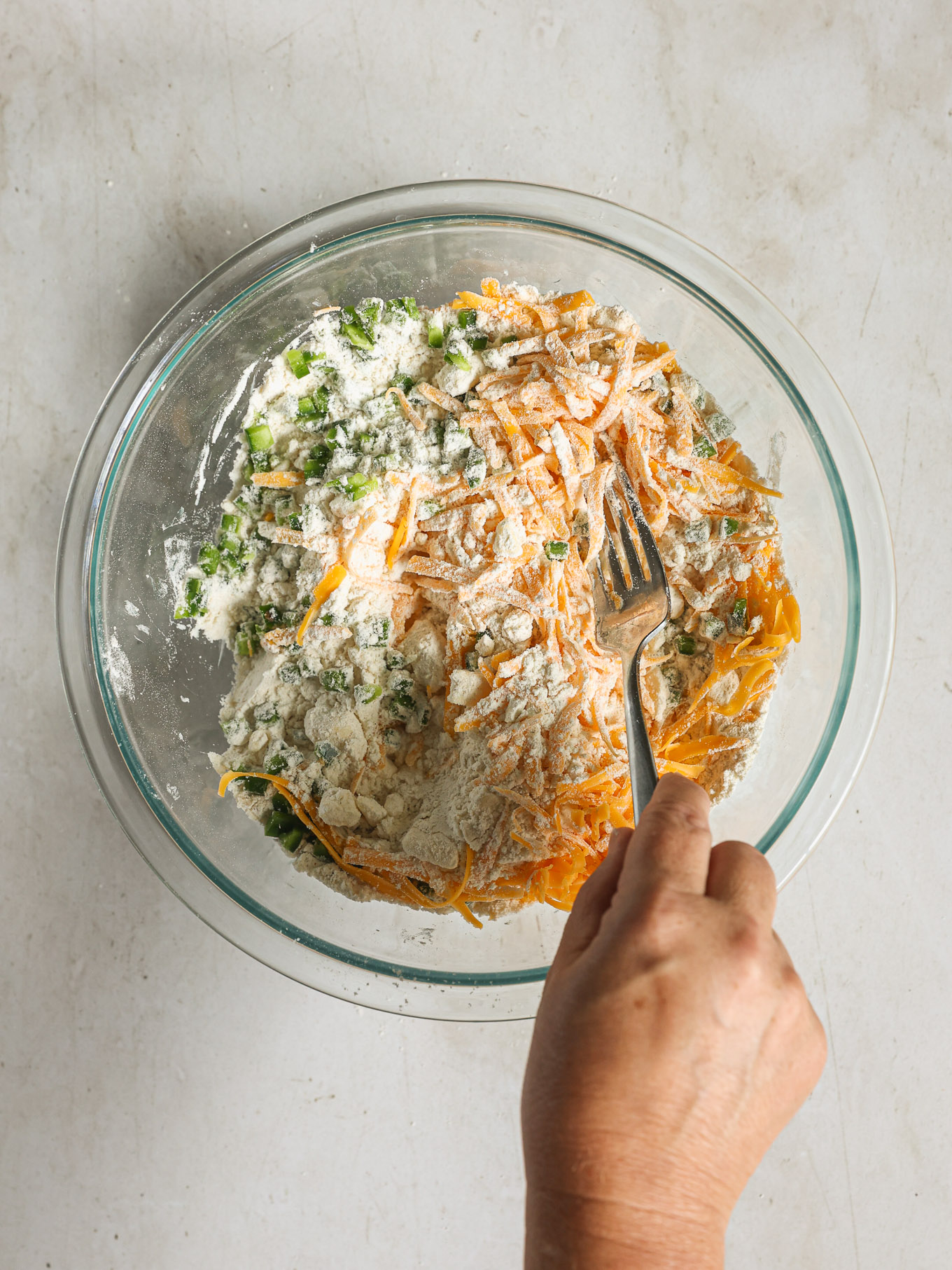 jalapenos and cheddar mixed into flour mixture.