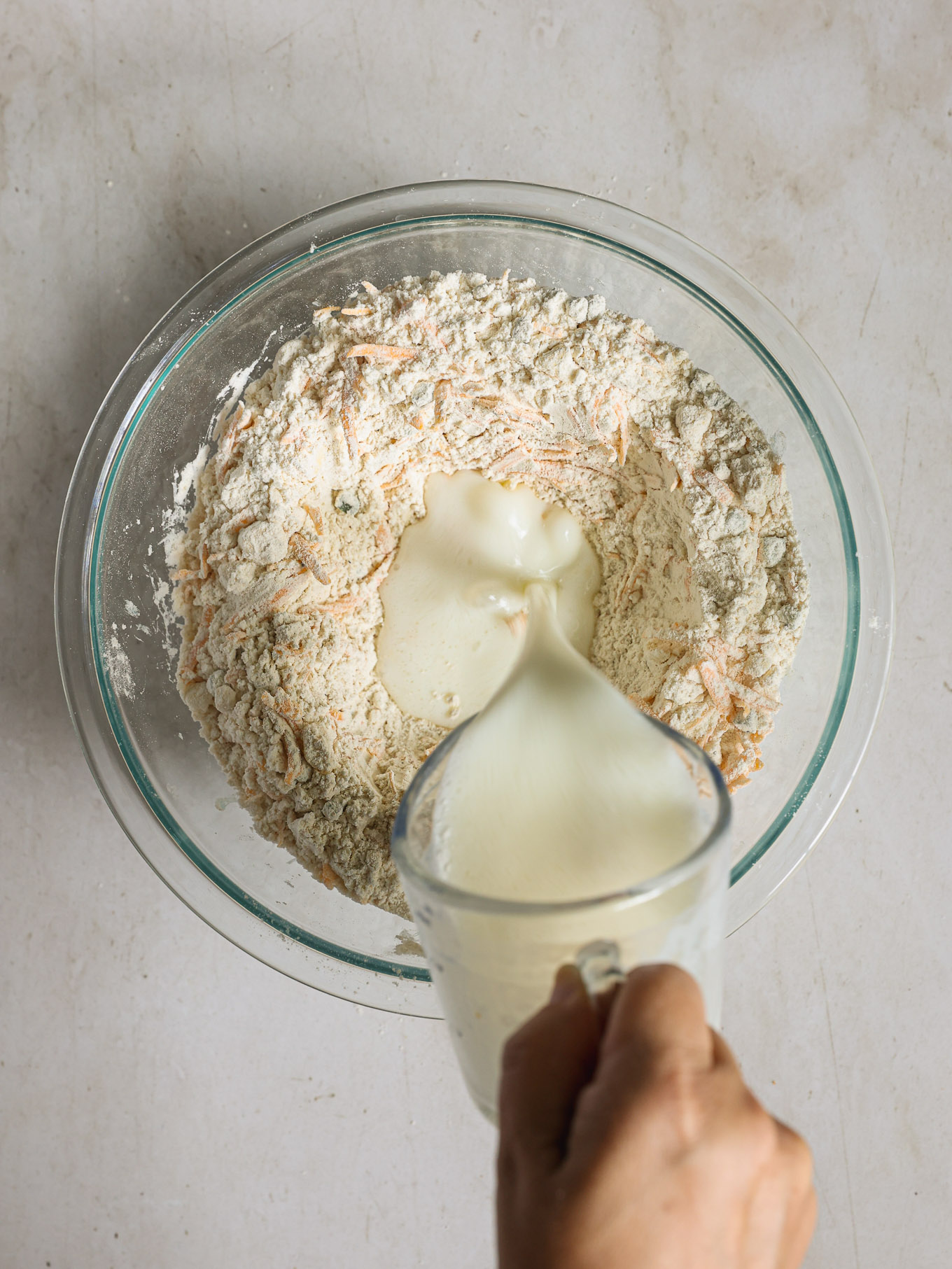 buttermilk poured into dry ingredients.