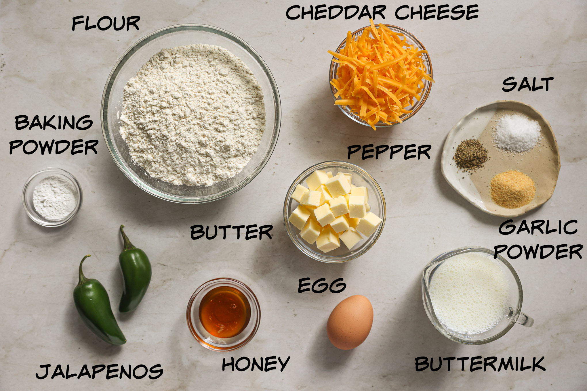 ingredients for cheddar jalapeno biscuits.